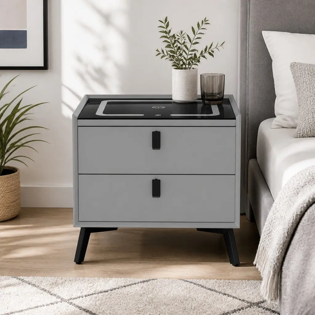 Smart Bedside Table with Wireless Charging Bluetooth Speaker USB Ports Grey