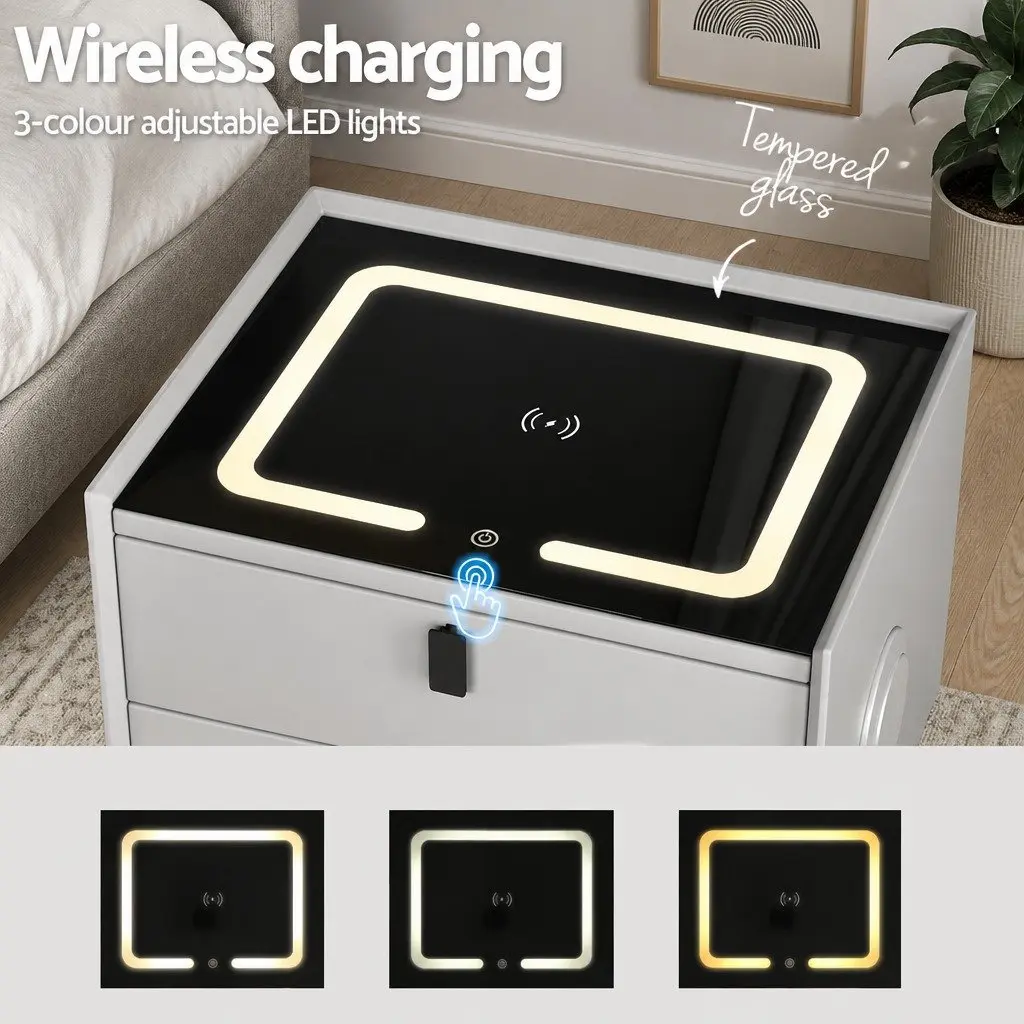 Smart Bedside Table with Wireless Charging Bluetooth Speaker USB Ports Grey