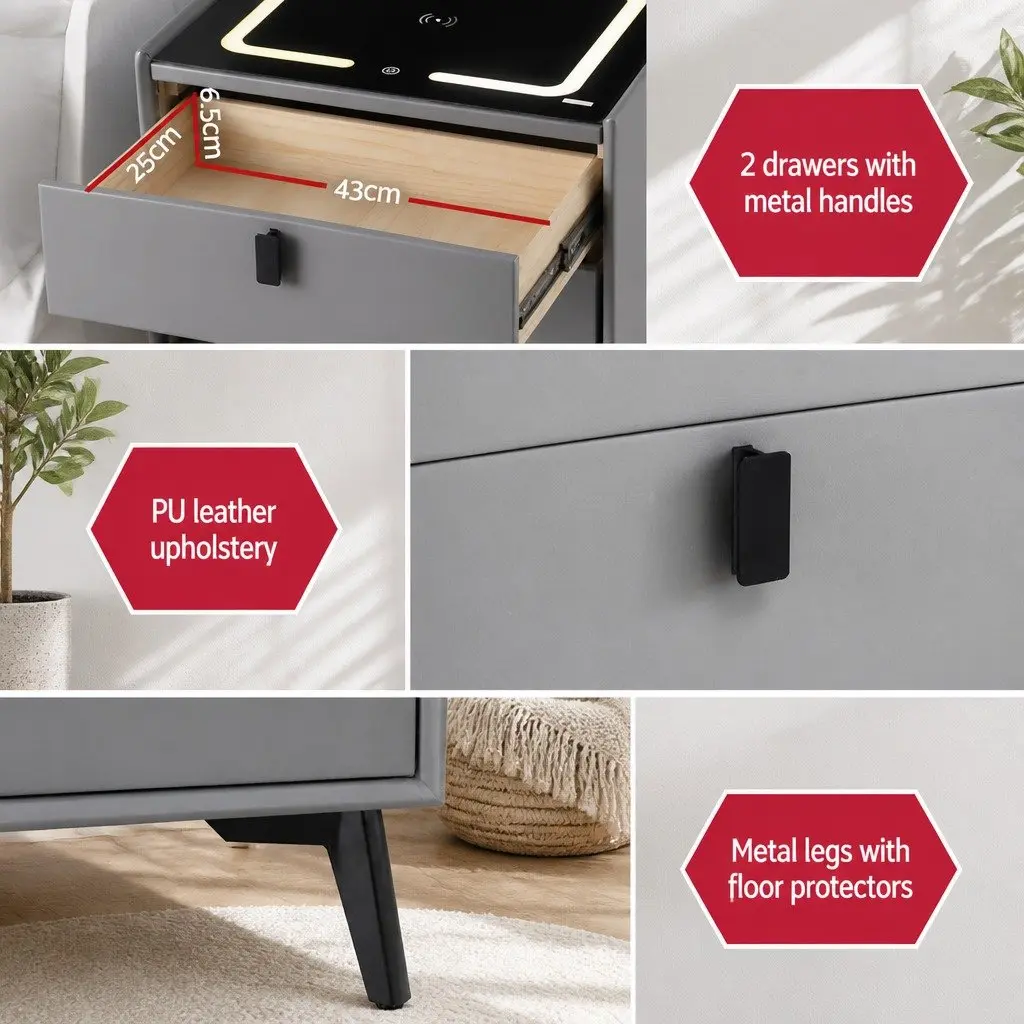 Smart Bedside Table with Wireless Charging Bluetooth Speaker USB Ports Grey