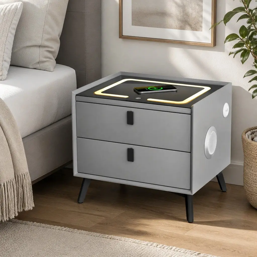Smart Bedside Table with Wireless Charging Bluetooth Speaker USB Ports Grey