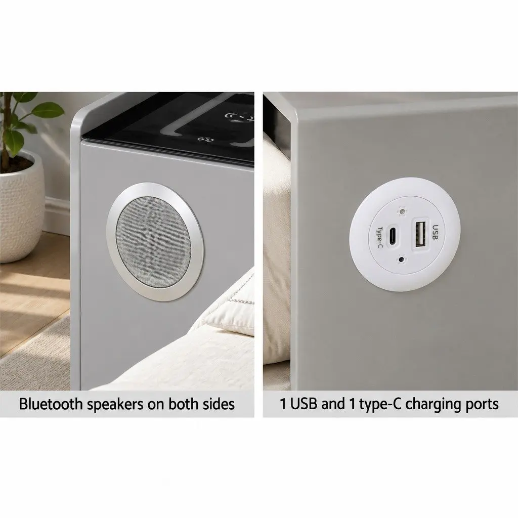 Smart Bedside Table 2 Drawers Wireless Charging LED Bluetooth Speaker Grey