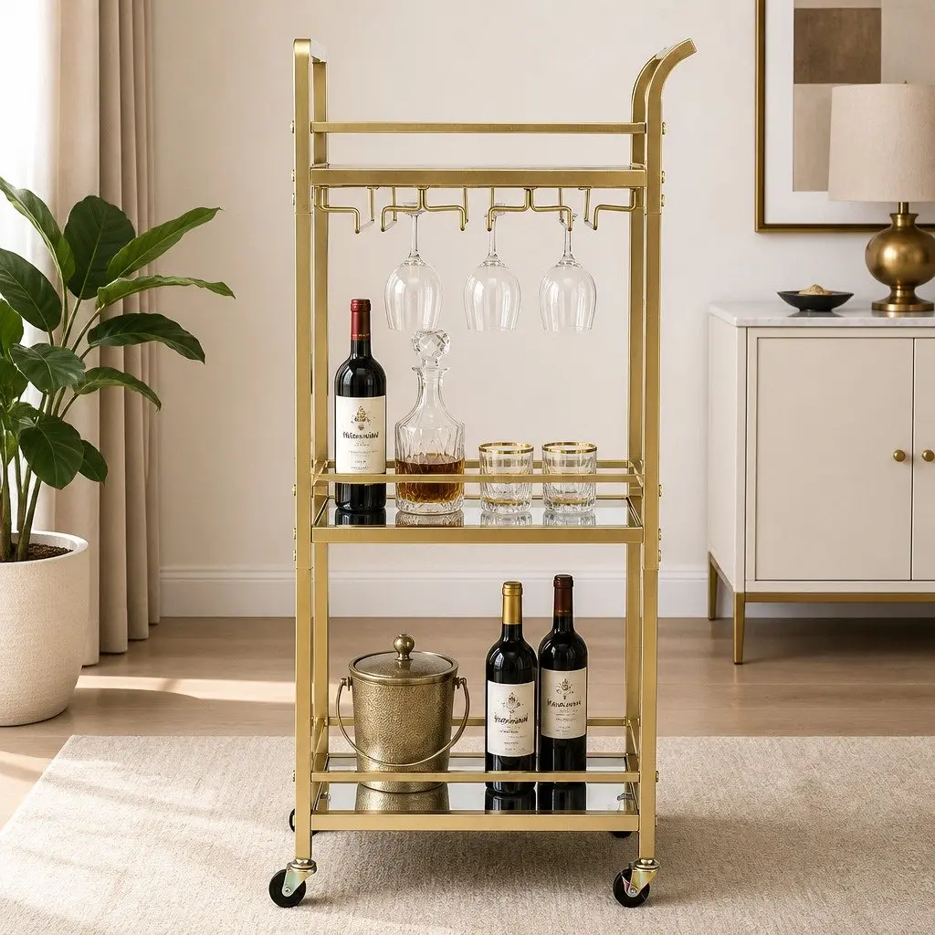 Kitchen Island Cart Trolley Rolling Serving Storage 43cm Gold 3-Tier Glass
