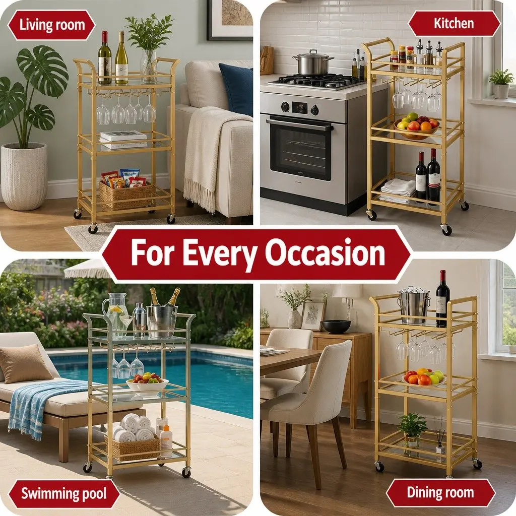 Kitchen Island Cart Trolley Rolling Serving Storage 43cm Gold 3-Tier Glass