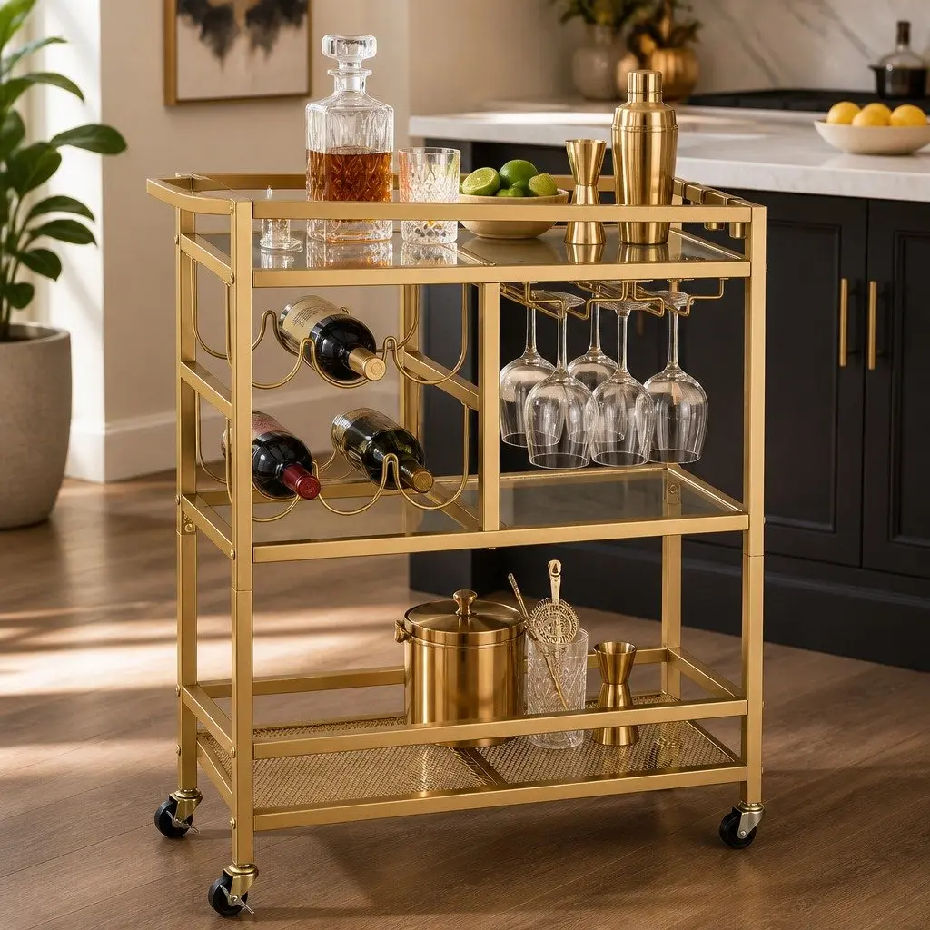 Gold Bar Cart with Ample Storage Space