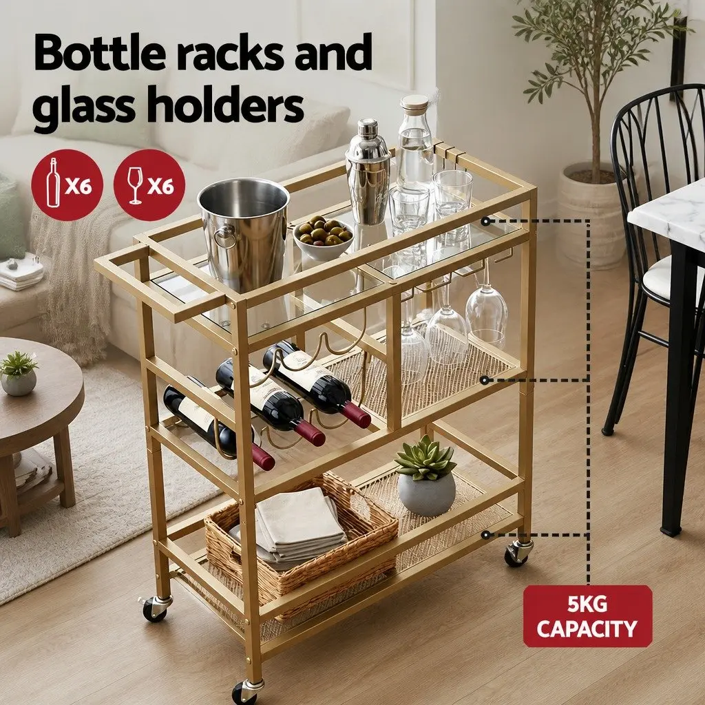 Bar Cart Serving Trolley Mobile Drinks Station 72cm Gold