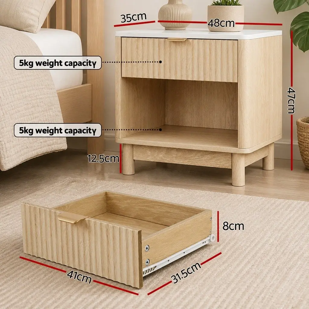 Bedside Table Storage 1 Drawer Open Shelf 48cm Pine