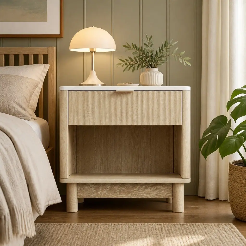 Bedside Table Storage 1 Drawer Open Shelf 48cm Pine