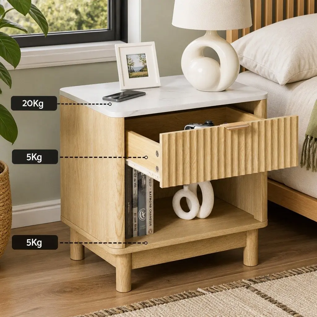 Bedside Table Storage 1 Drawer Open Shelf 48cm Pine