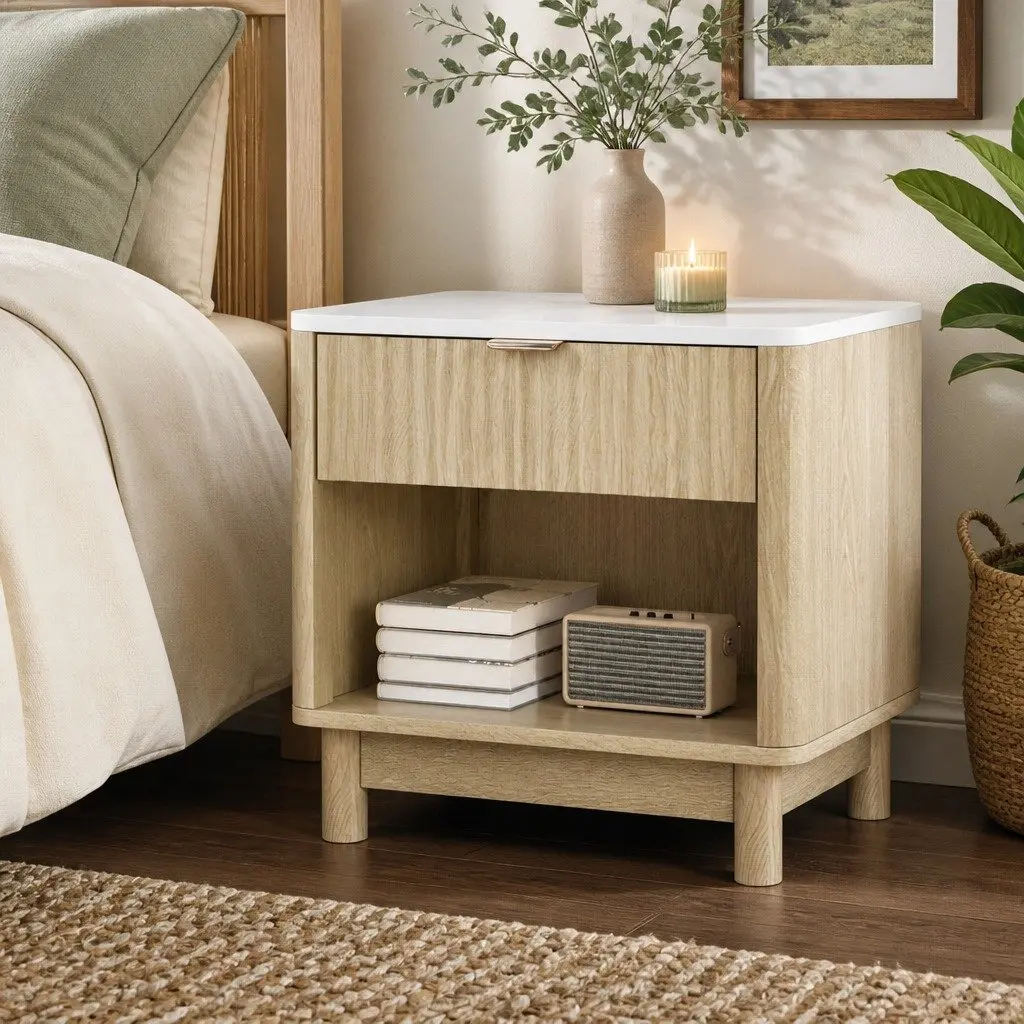 Bedside Table Storage 1 Drawer Open Shelf 48cm Pine