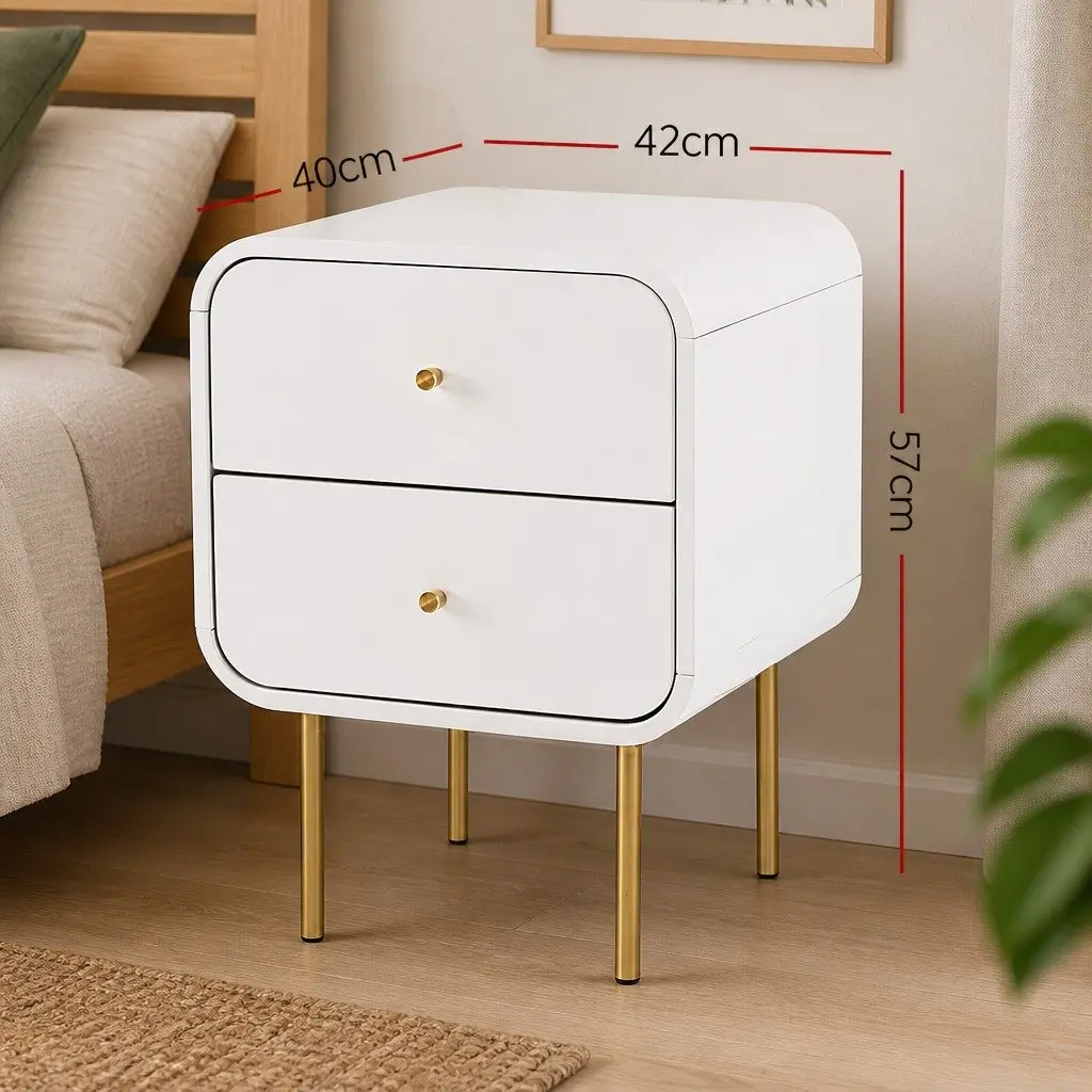 Bedside Table Nightstand 2 Drawers White Metal Legs Storage