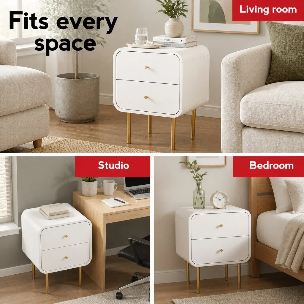 Bedside Table Nightstand 2 Drawers White Metal Legs Storage