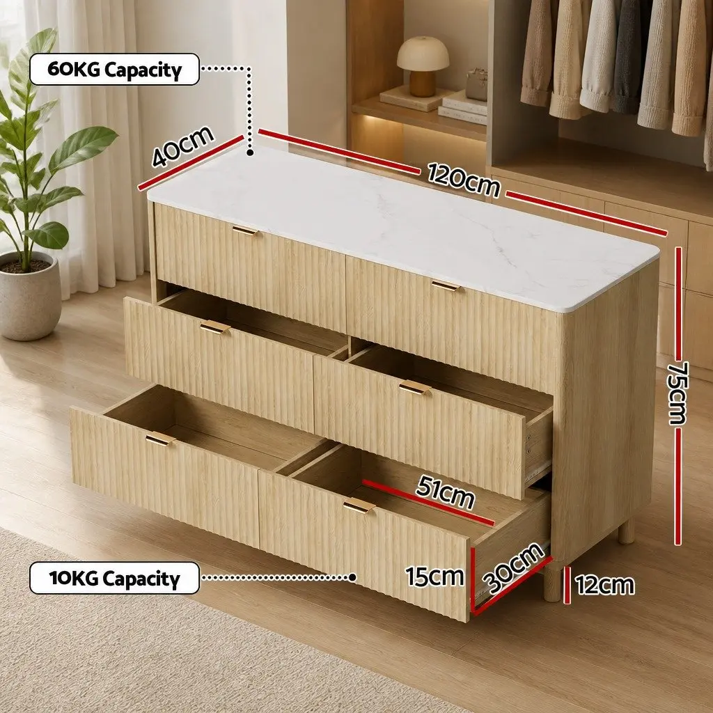 6 Drawer Chest of Drawers Storage Cabinet Pine Wooden Bedroom Furniture 120 x 40 x 75cm