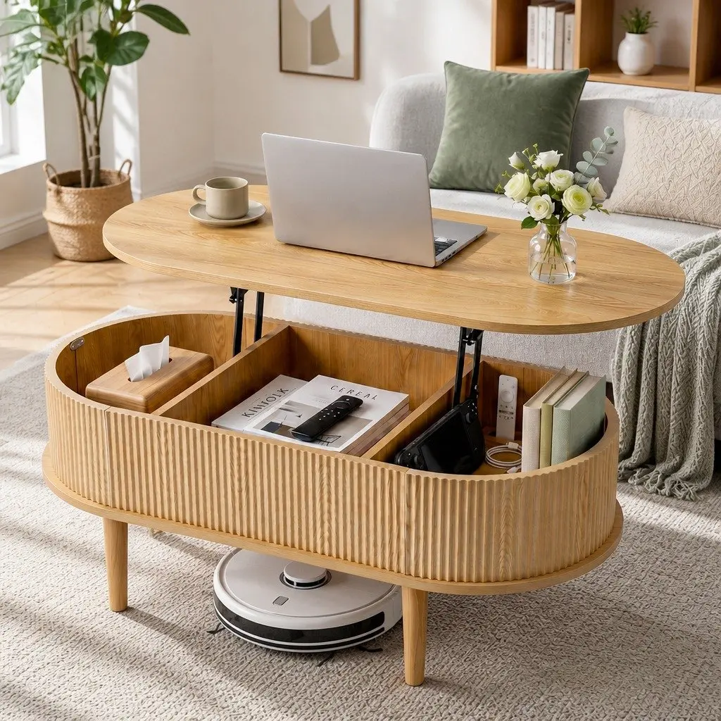 Lift Top Coffee Table Pop-Up Desk 100cm Oval Hidden Storage Living Room