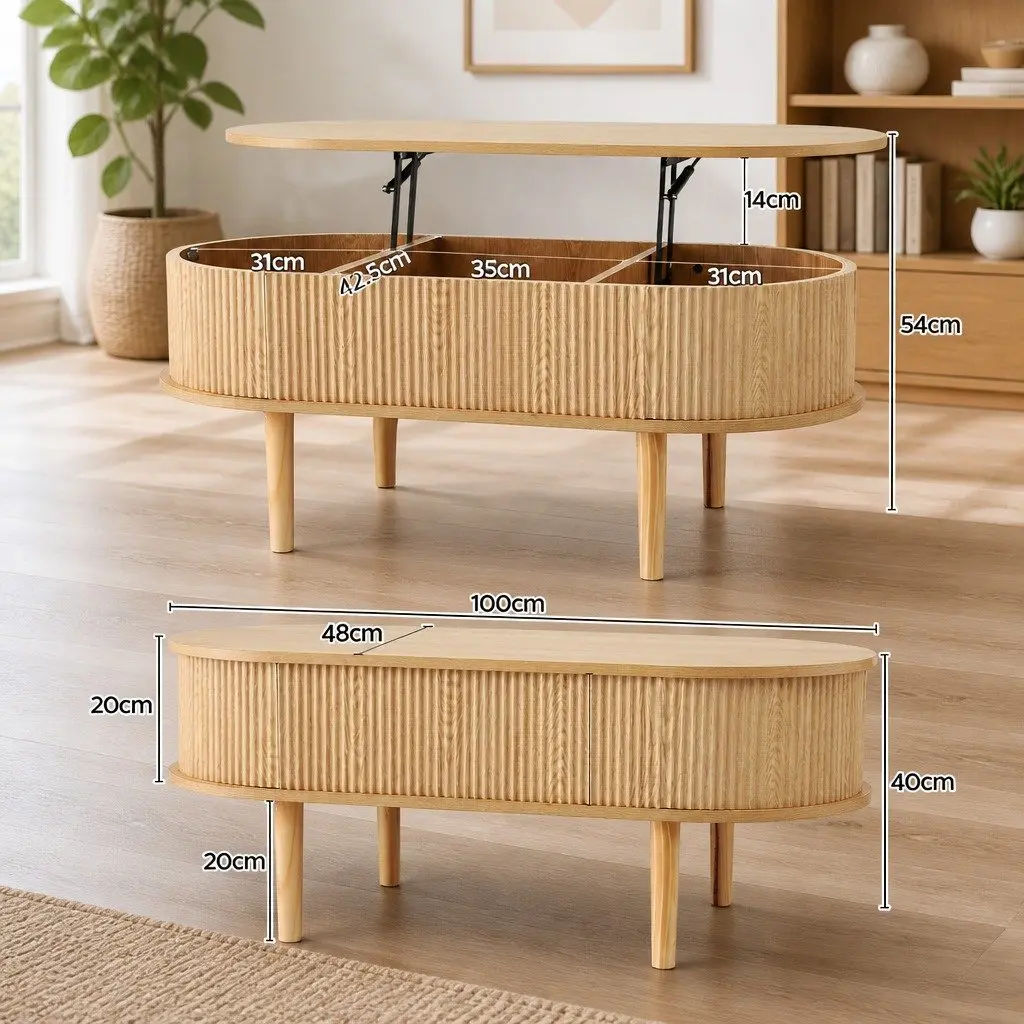 Lift Top Coffee Table Pop-Up Desk 100cm Oval Hidden Storage Living Room