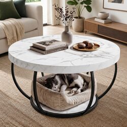 Round Coffee Table 2-Tier Marble White Black Living Room Furniture Storage