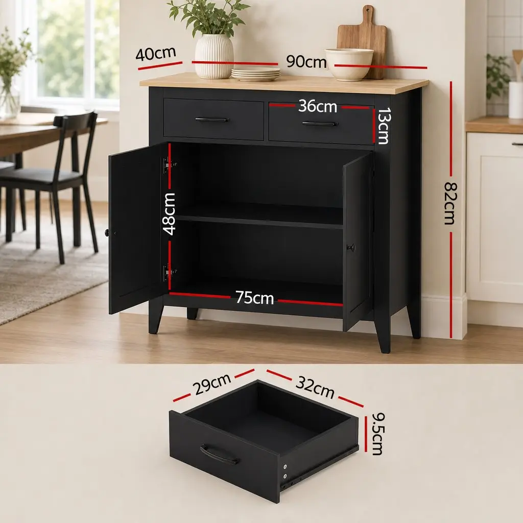 Buffet Sideboard Cabinet 90cm Storage Cupboard 2 Drawers Kitchen Pantry Black