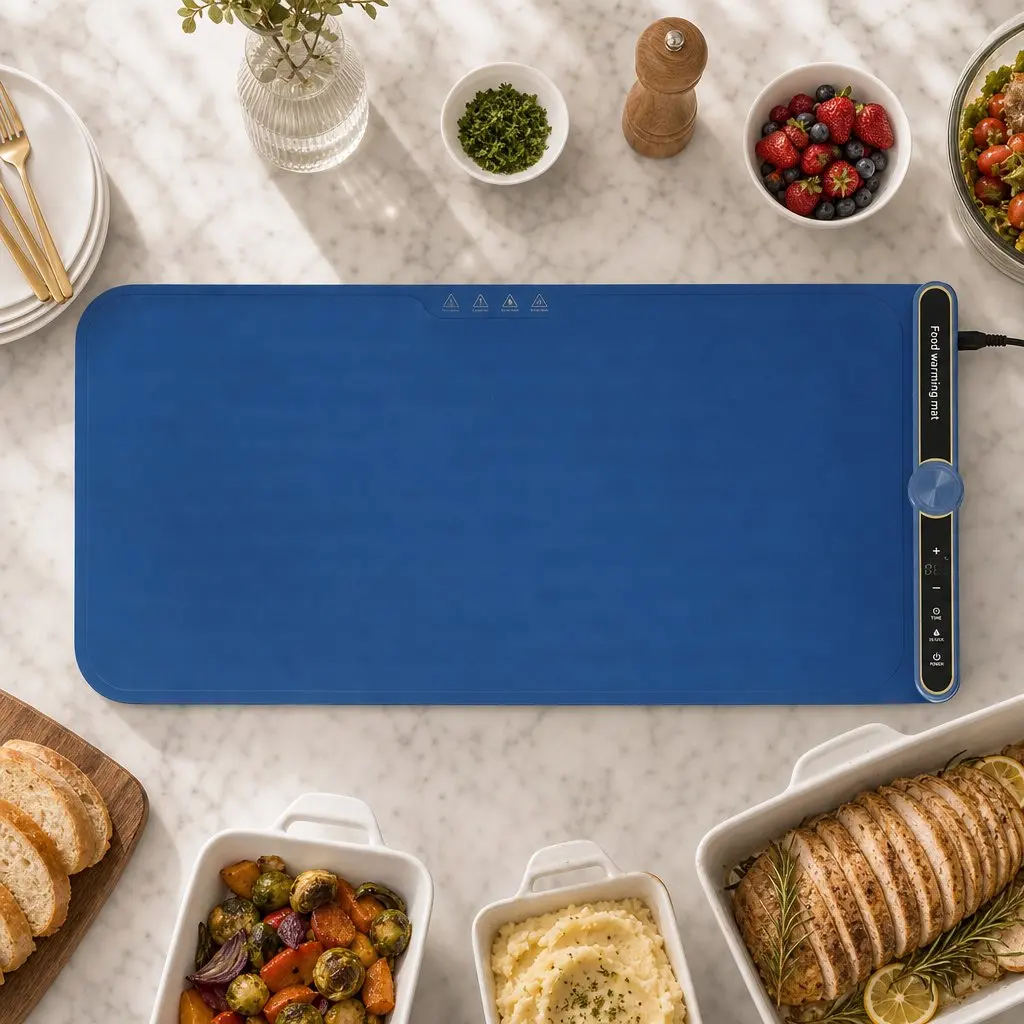 Food Warming Mat 80cm Electric Heating Tray Roll Up Buffet Dish Warmer Blue