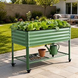 Elevated Raised Garden Bed Mobile Planter with Locking Wheels Storage Shelf