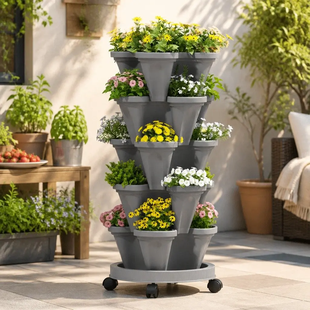 5-Tier Vertical Stackable Garden Planters Grey Indoor Outdoor Strawberry Herbs