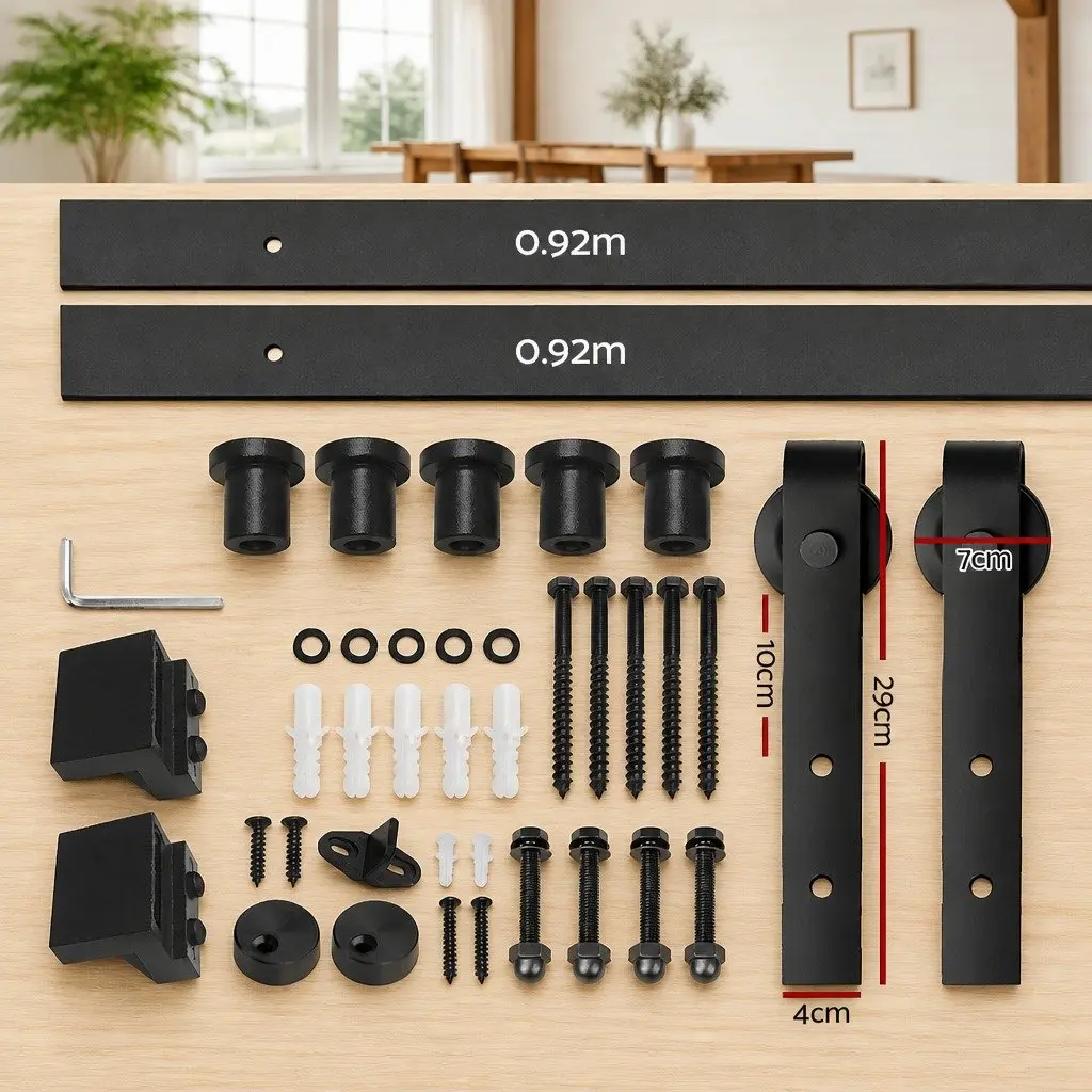 Sliding Barn Door Hardware Track Set 1.83m Black Steel Manual Roller