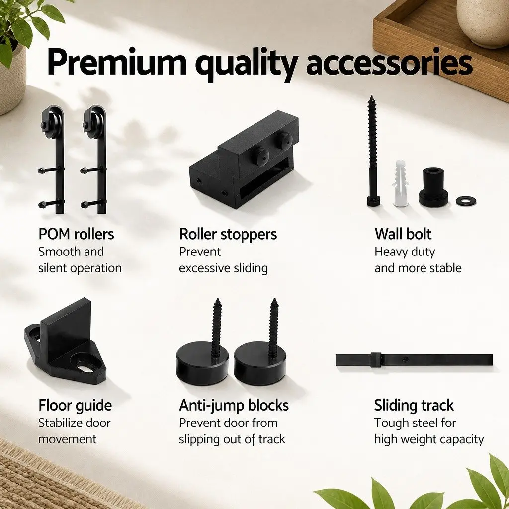 Sliding Barn Door Hardware Track Set 1.83m Black Steel Manual Roller