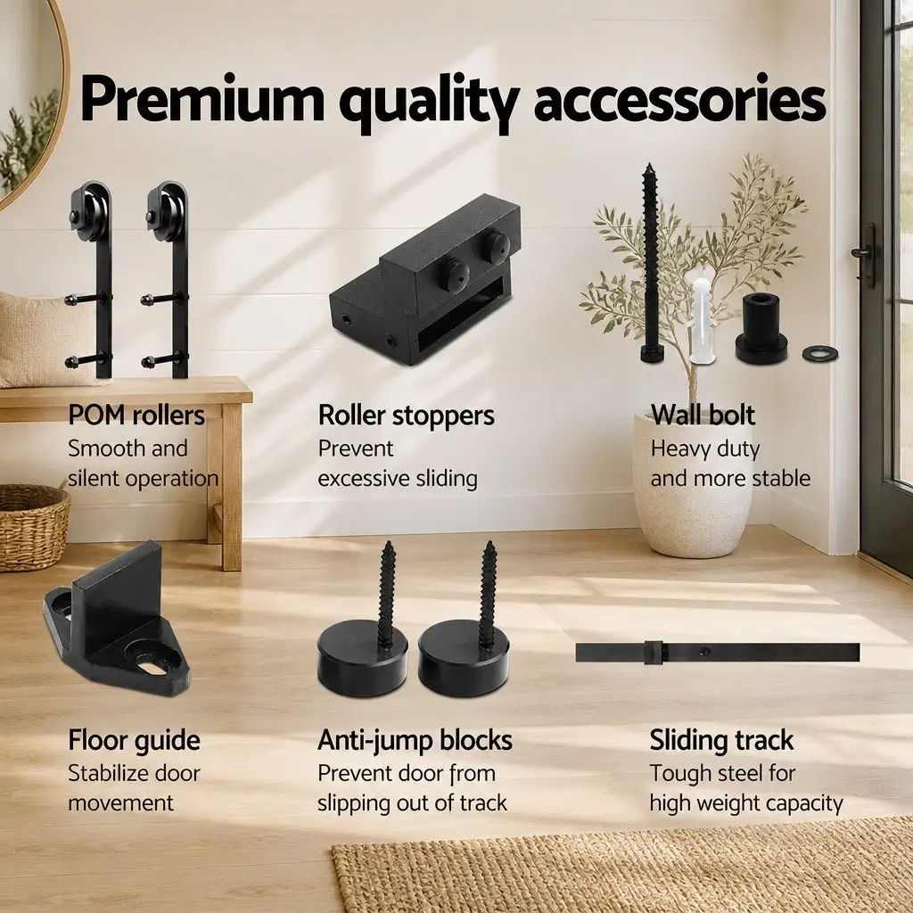 Sliding Barn Door Hardware Track Set 3m Black Steel Rail Rollers Floor Guide