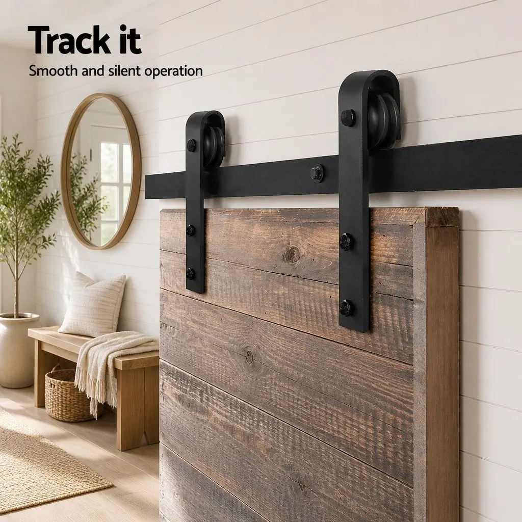 Sliding Barn Door Hardware Track Set 3m Black Steel Rail Rollers Floor Guide