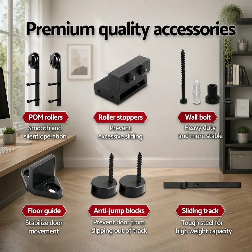 Sliding Barn Door Hardware Track Set 3.66m Black Steel Rail Roller Kit 120kg