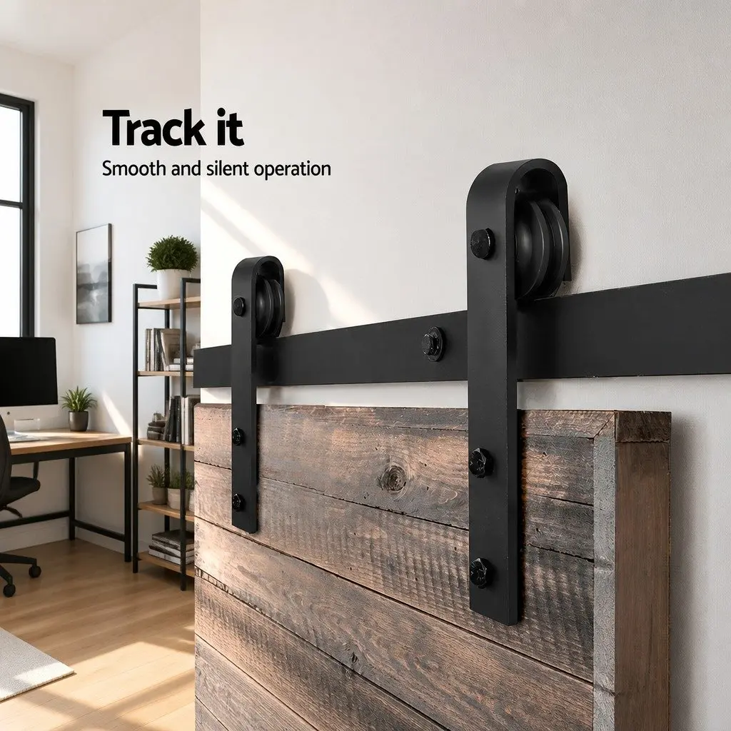 Sliding Barn Door Hardware Track Set 3.66m Black Steel Rail Roller Kit 120kg