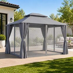 Gazebo 3x3m Canopy Outdoor Steel Frame Patio Tent with Curtains Mosquito Mesh