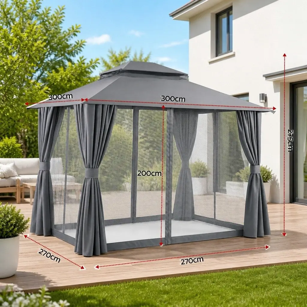 Gazebo Outdoor Canopy 3x3m Steel Frame Patio Tent Grey with Curtains Mosquito Mesh