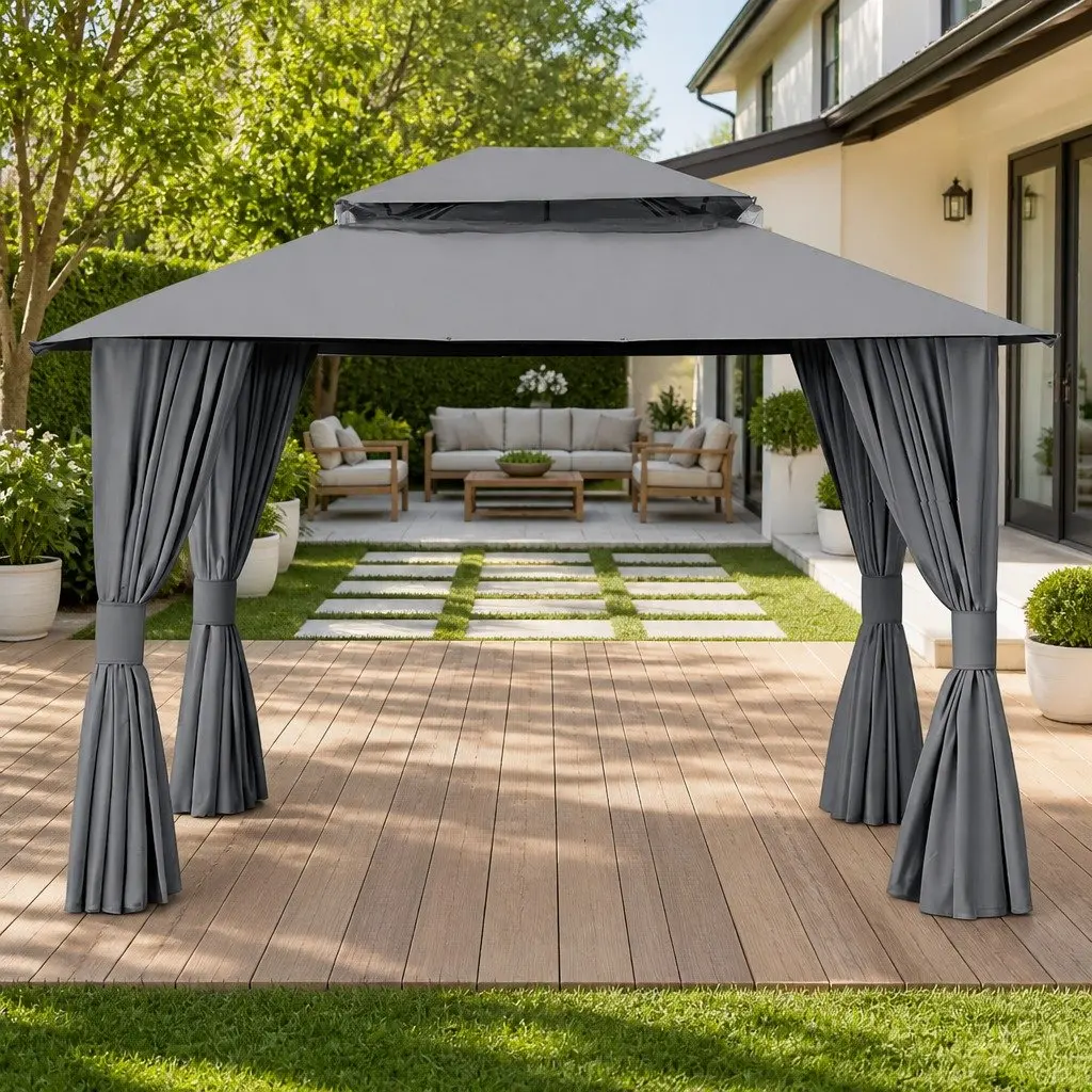 Gazebo Outdoor Canopy 3x3m Steel Frame Patio Tent Grey with Curtains Mosquito Mesh
