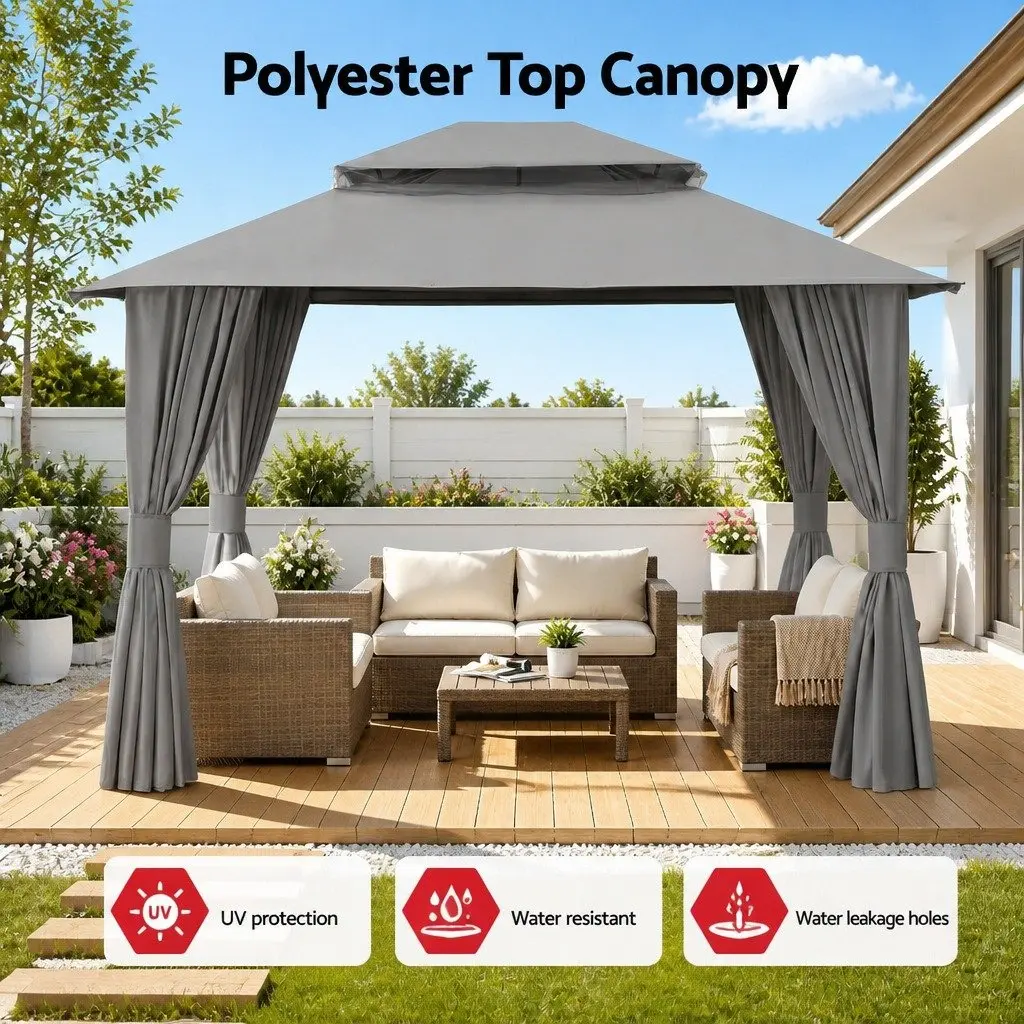 Gazebo Outdoor Canopy 3x3m Steel Frame Patio Tent Grey with Curtains Mosquito Mesh