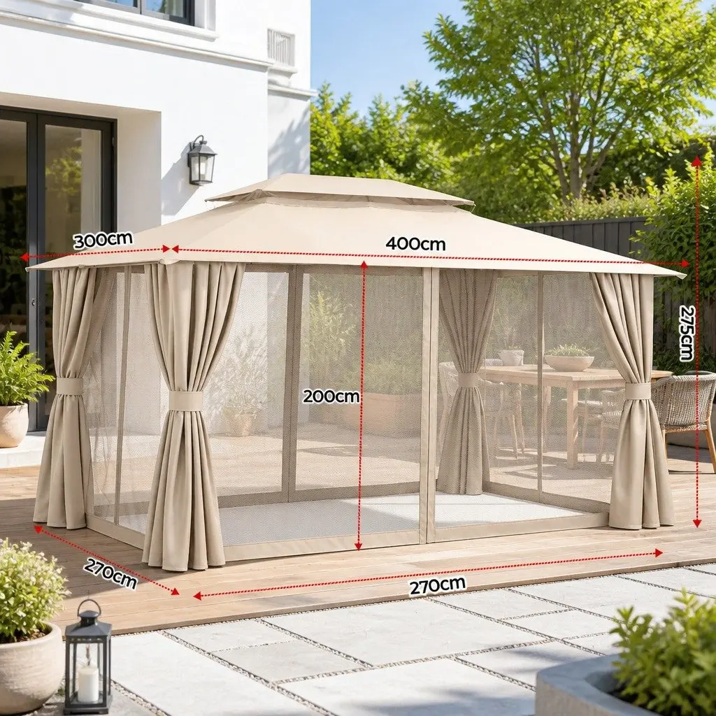 Gazebo Outdoor Canopy 3x4m Steel Frame Patio Tent Beige with Mosquito Mesh Curtains