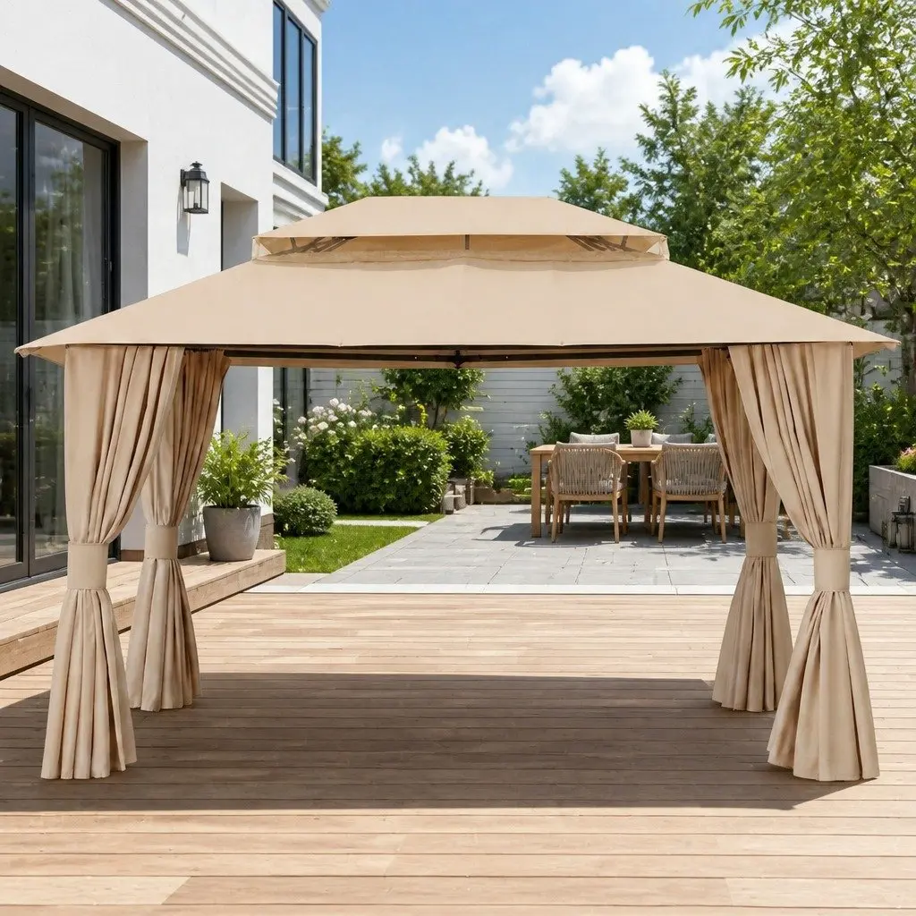 Gazebo Outdoor Canopy 3x4m Steel Frame Patio Tent Beige with Mosquito Mesh Curtains