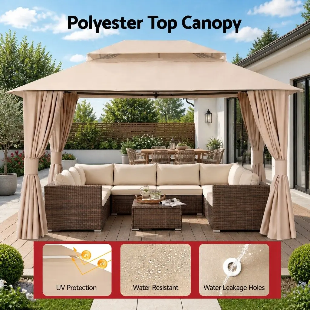 Gazebo Outdoor Canopy 3x4m Steel Frame Patio Tent Beige with Mosquito Mesh Curtains