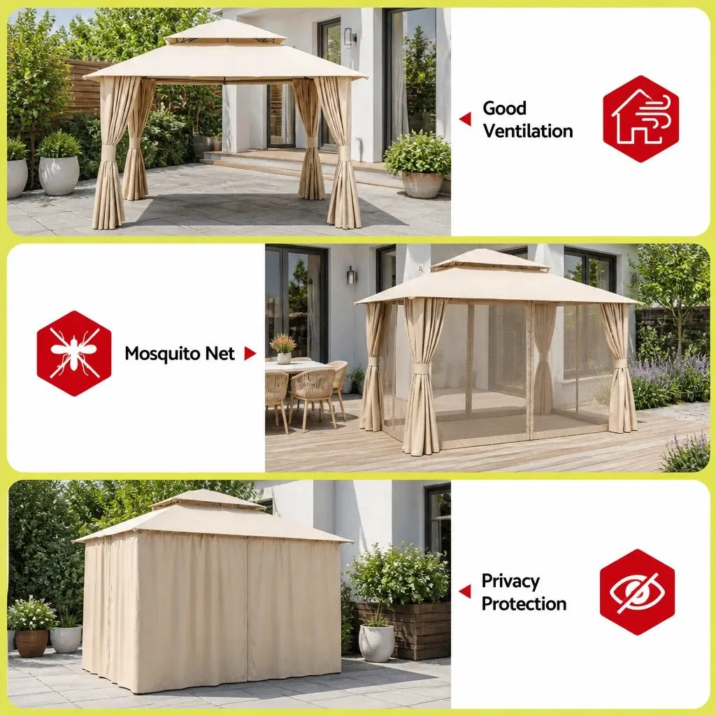 Gazebo Outdoor Canopy 3x4m Steel Frame Patio Tent Beige with Mosquito Mesh Curtains
