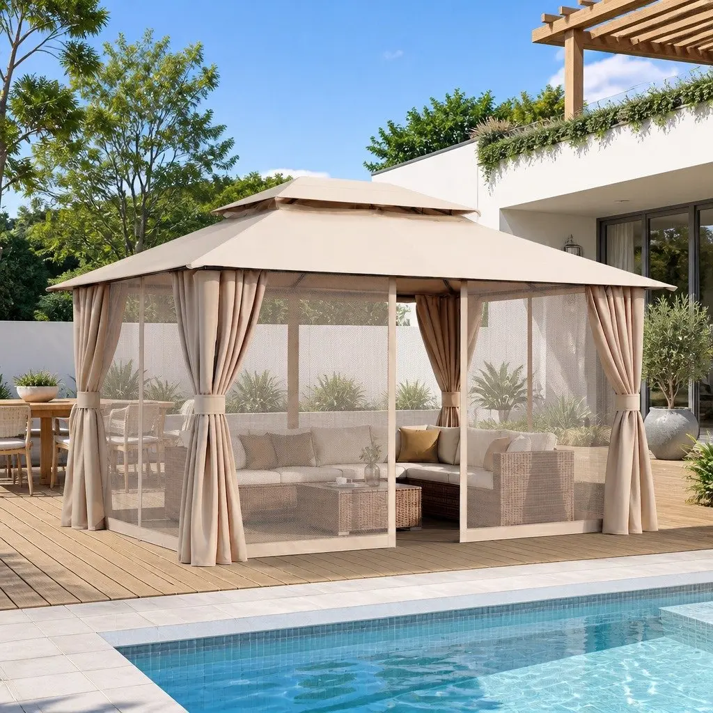 Gazebo Outdoor Canopy 3x4m Steel Frame Patio Tent Beige with Mosquito Mesh Curtains