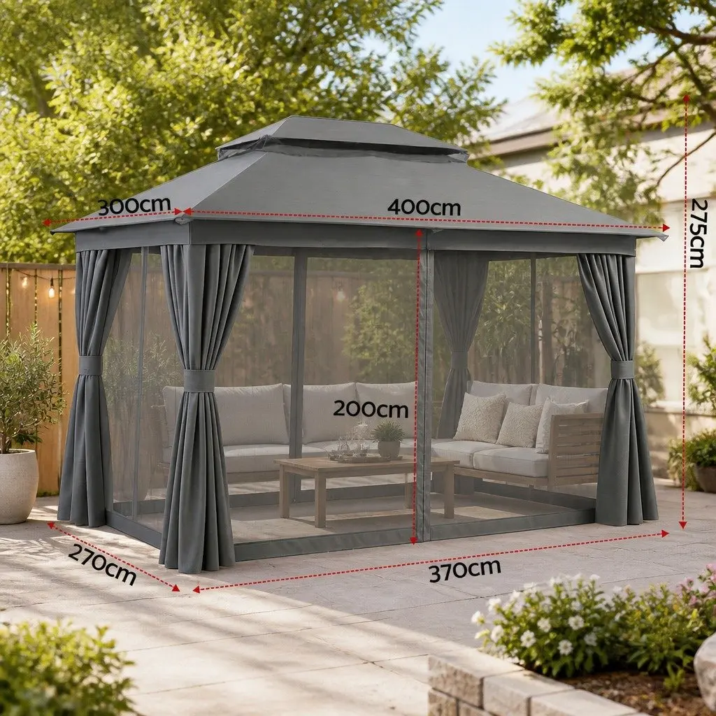 Gazebo Outdoor Canopy 3x4m Grey Steel Frame with Mosquito Mesh Curtains