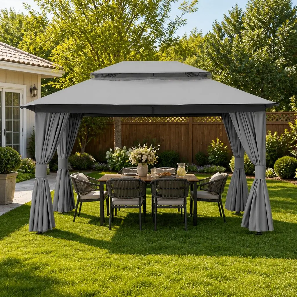 Gazebo Outdoor Canopy 3x4m Grey Steel Frame with Mosquito Mesh Curtains