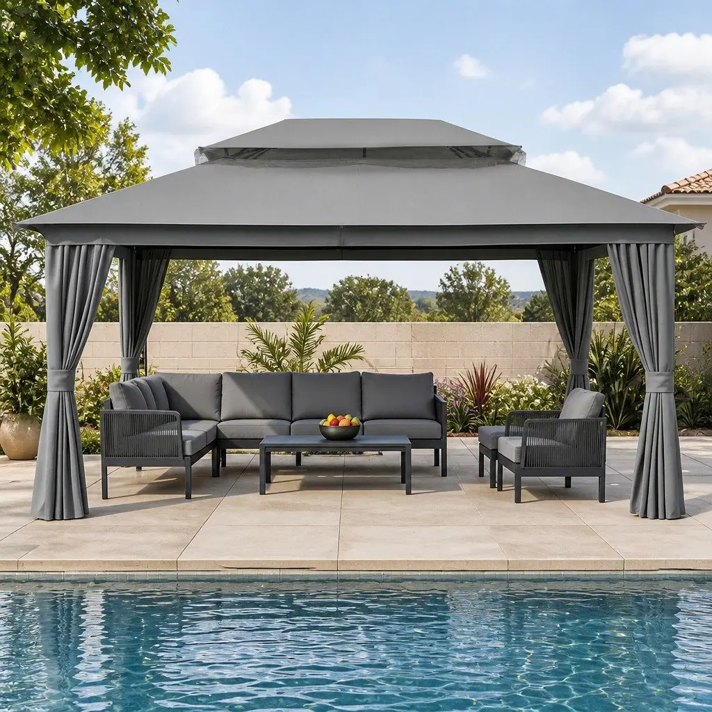 Gazebo Outdoor Canopy 3x4m Grey Steel Frame with Mosquito Mesh Curtains