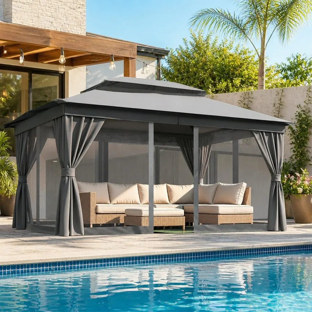 Gazebo Outdoor Canopy 3x4m Grey Steel Frame with Mosquito Mesh Curtains