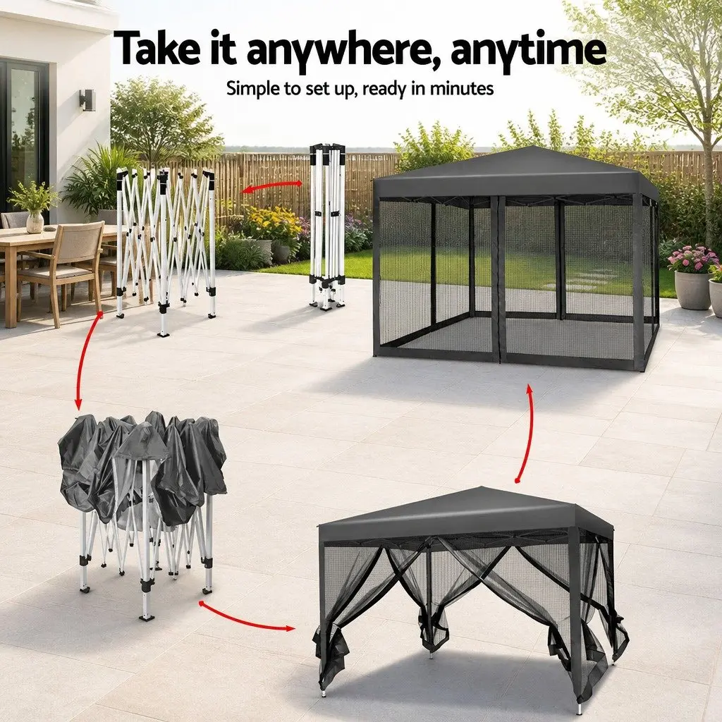 Pop Up Gazebo Canopy Outdoor 3x3m Grey with Mesh Walls