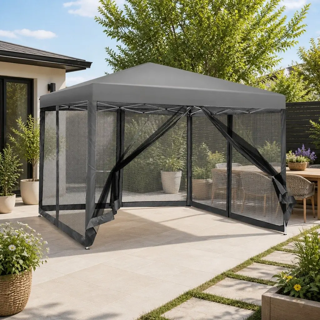 Pop Up Gazebo Canopy Outdoor 3x3m Grey with Mesh Walls