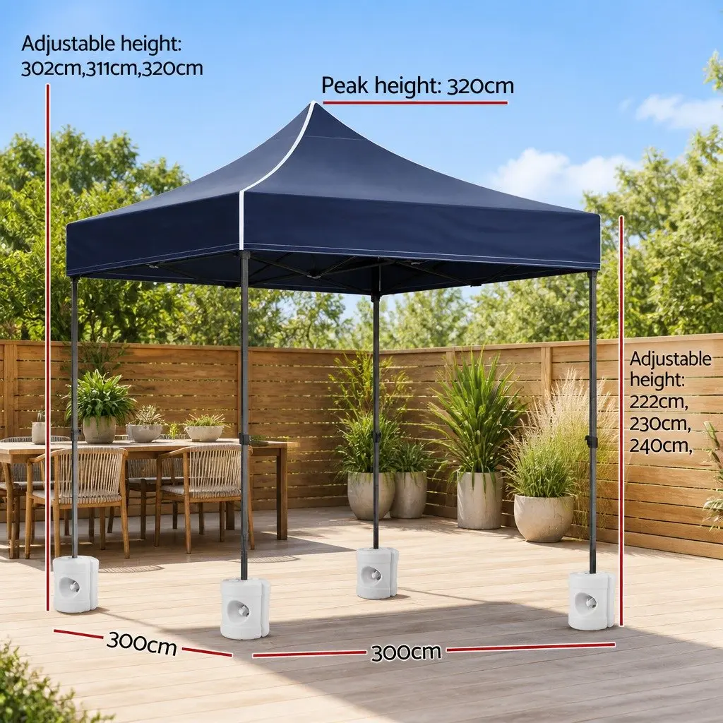 Pop Up Gazebo 3x3m Outdoor Canopy Folding Tent Navy with 4 Base Pods