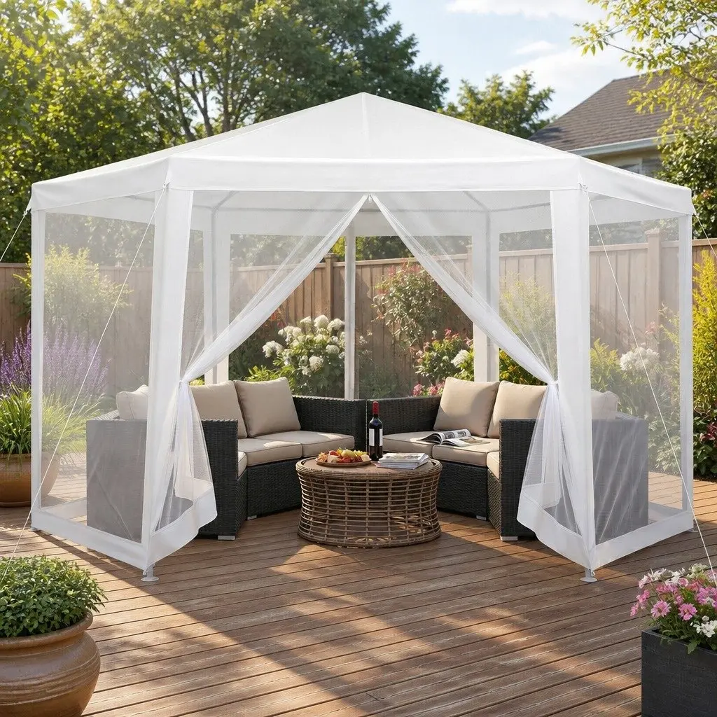 Hexagonal Gazebo 2x2m Marquee Mesh Canopy Outdoor Wedding Party Tent Shade White