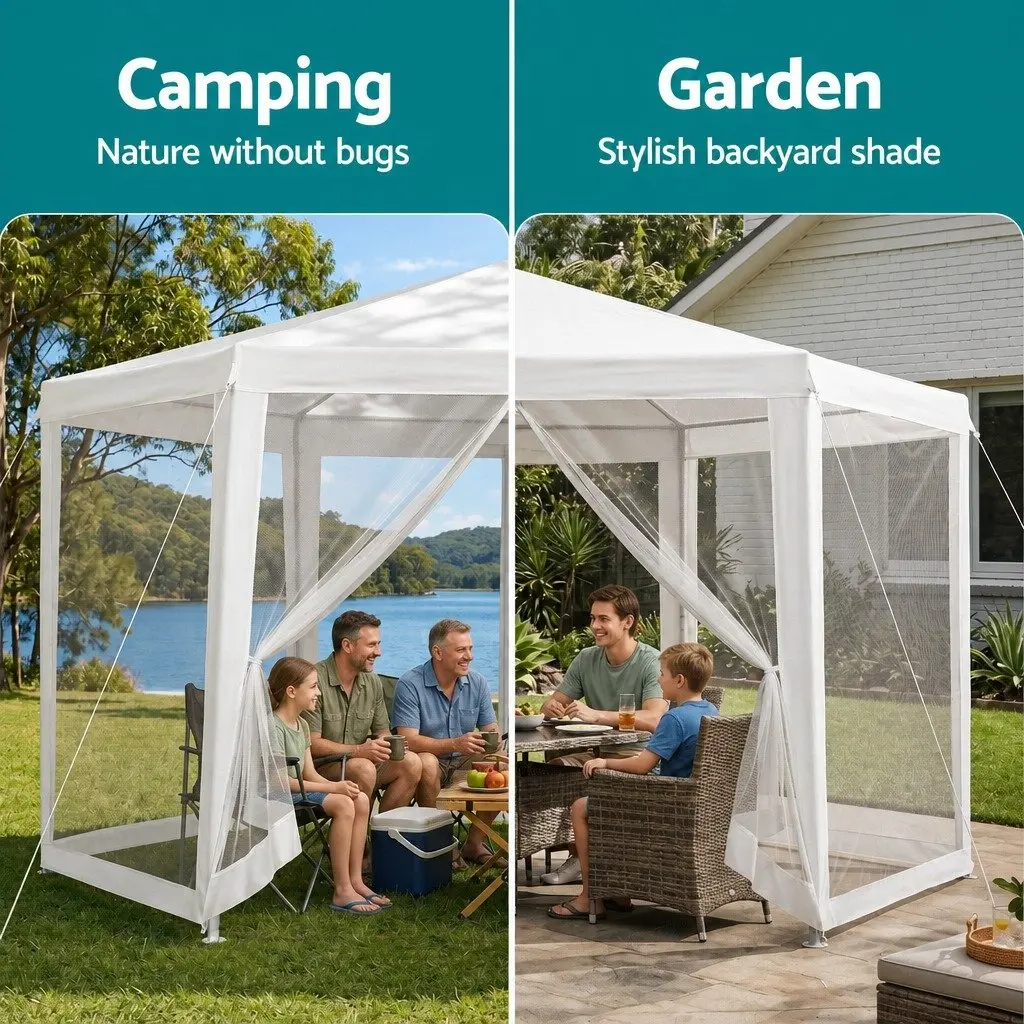 Hexagonal Gazebo 2x2m Marquee Mesh Canopy Outdoor Wedding Party Tent Shade White