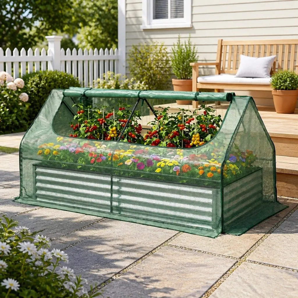 Raised Garden Bed Greenhouse 3 in 1 Galvanised Planter Box 180 x 80 x 30 cm Green Silver