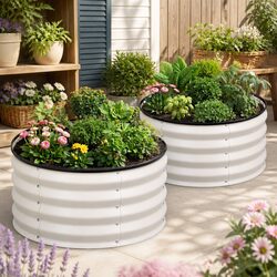 2 Pack Round Raised Garden Beds Rust Resistant White 60cm