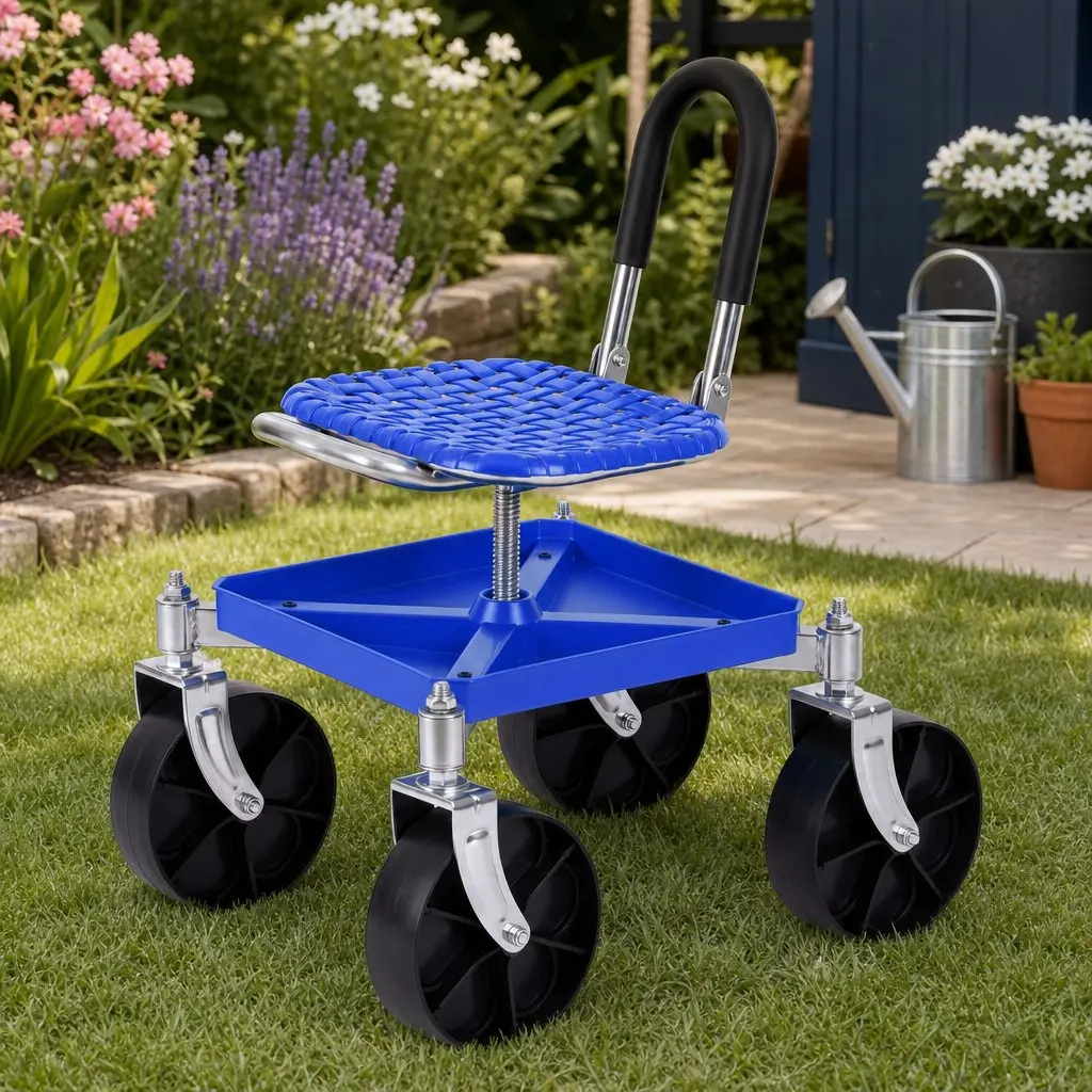 Garden Rolling Seat Stool Height Adjustable 360 Swivel Castors Blue Garage Work